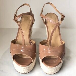 SERGIO ROSSI Nude Patent Leather T-Strap Platform Wedges
